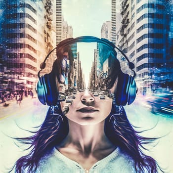 Sedate double exposure portrait of happy beautiful girl enjoying music in headphone concept with cityscape urban are street in horizon. Music lover lifestyle by Generative AI.