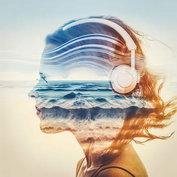 Creative double exposure sedate woman portrait wearing headphone listening to music or sound of blue sea wave splashing for refreshment as concept of oceanic tranquility. Generative AI