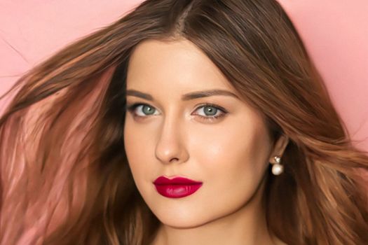 Beauty, makeup and hairstyle, beautiful woman with red matte lipstick make up on pink background as bridal make-up look, fashion and glamour model face portrait for cosmetics, skincare and hair care brand