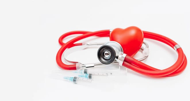 Heart stethoscope syringe baner. On white background, heart health, health insurance concept.