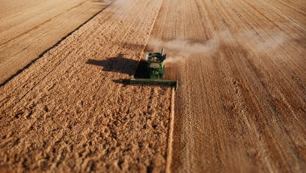 John Deere harvester works in the field. Combine Harvesting Wheat. Field field of cereals during harvesting. Modern equipment works. 07.07.22, Rostov region, Russia.