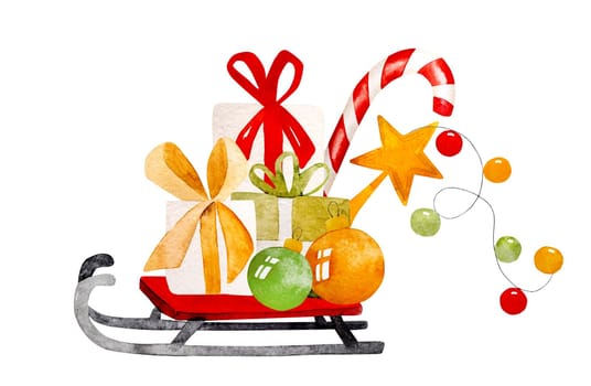 Christmas sled with gifts and lollipop watercolor festive illustration. Traditional New Year xmas drawing for postcards and design