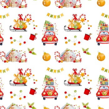 Christmas drawings watercolor seamless pattern with red car, xmas tree and sleg. New Year festive paintings with house, lollipop and gift