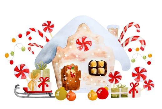 Christmas gingerbread house with sleg, lollipop and gifts illustration. New Year xmas festive postcard