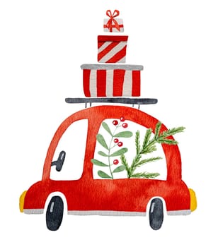 Christmas car postcard watercolor drawing with gifts and xmas tree decoration. New Year illustration with red vehicle and presents