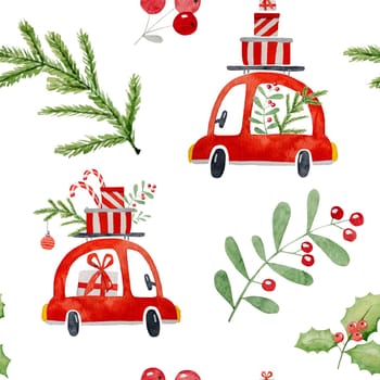 Christmas cars postcard watercolor drawing with gifts and xmas tree decoration. New Year illustration with red vehicle, mistletoe and presents
