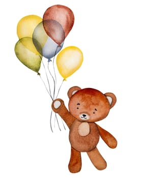 Cute teddy bear with orange air balloon watercolor painting for baby child postcard. Cartoon animal aquarelle drawing for children decoration