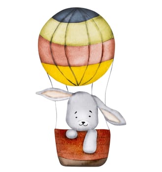 Cute bunny flying in colorful air balloon watercolor painting for baby child postcard. Cartoon rabbit aquarelle drawing for children decoration