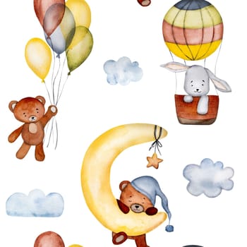 Cute bunny and teddy bear with air balloons and moon watercolor painting for postcard. Cartoon rabbit and his friend sweet dreams aquarelle drawing for children