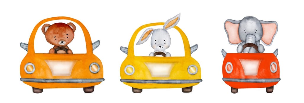 Cute bunny, elephant and bear drivers in cars watercolor painting collection for postcard. Cartoon rabbit and friends in automobile aquarelle drawing set