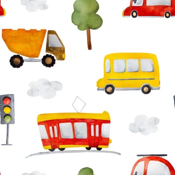 Cute watercolor vehicles paintings with school bus, red car and tram. Beautiful autumn drawings with automobile, truck and clouds