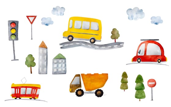 Red car, tram and school bus with traffic lights and city watercolor illustration. Urban transportation and dump truck aquarelle painting