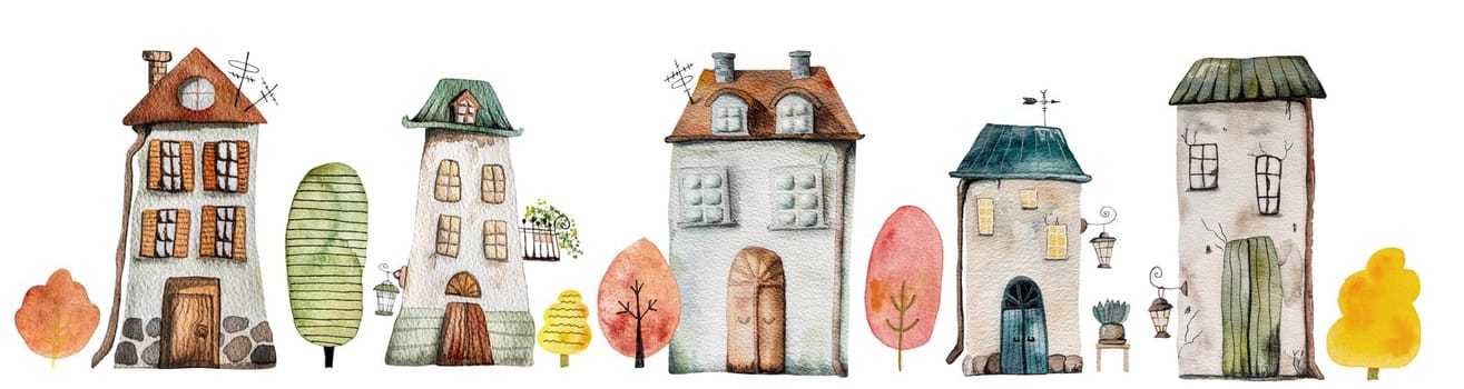 Watercoor houses buildings set with cute autumn illustration for postcards. Home exterior design with fall colorful tree