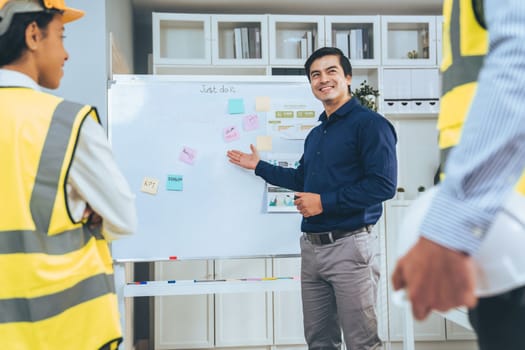 Entrepreneur brainstorming ideas with his competent engineers in the office. Architectural investors and engineers working on an upcoming project in a fun and friendly environment.