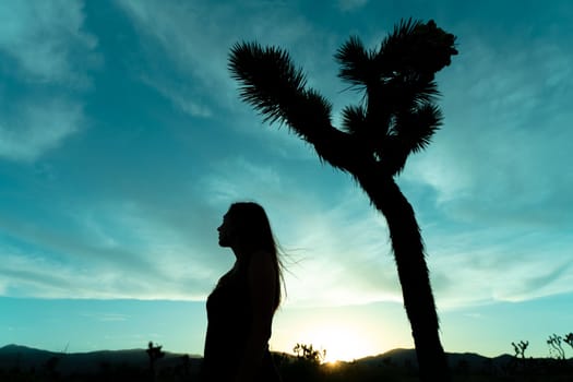 Woman silhouette in Joshua Tree National Park in a summer day with sun backlight. Western still life with amazing cactus. . High quality photo