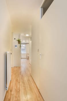 an empty room with wood flooring and white walls on either side, there is a plant in the corner