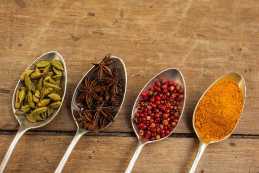 Cranberries, cardamom, anise, turmeric, red hot peppers. Spices inside the spoons