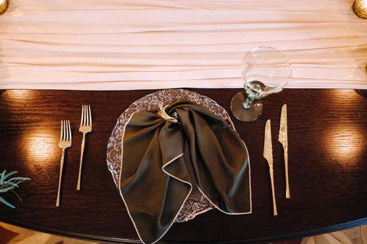 wedding table decoration on the table in the castle, Cutlery on the table.