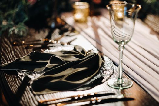 wedding table decoration on the table in the castle, Cutlery on the table.