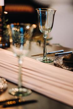 wedding table decoration on the table in the castle, Cutlery on the table.