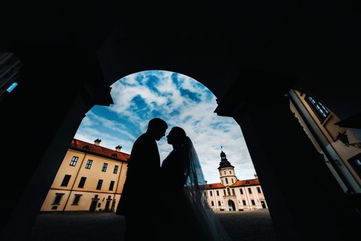 silhouettes of a couple in love at sunset on the background of the Nesvizh castle.