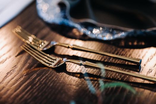 wedding table decoration on the table in the castle, Cutlery on the table.