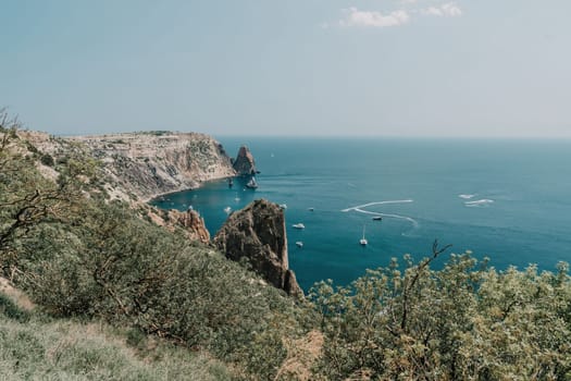 Aerial panoramic view of beautiful sunset above sea. Beautiful seascape. Sun glare, small waves on the water surface. Evening. Horizon. Nobody. No people. Copy space. Never-ending beauty of nature