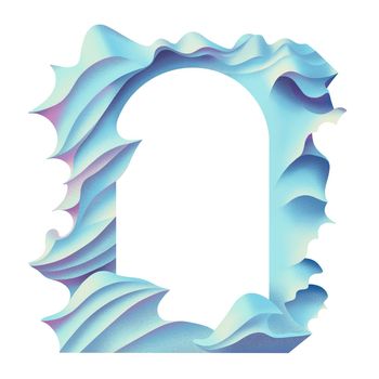 Arched sculptured fantasy frame in the form of waves, in white, blue, purple and pink colors. Digital art, vaporwave aesthetic style illustration.