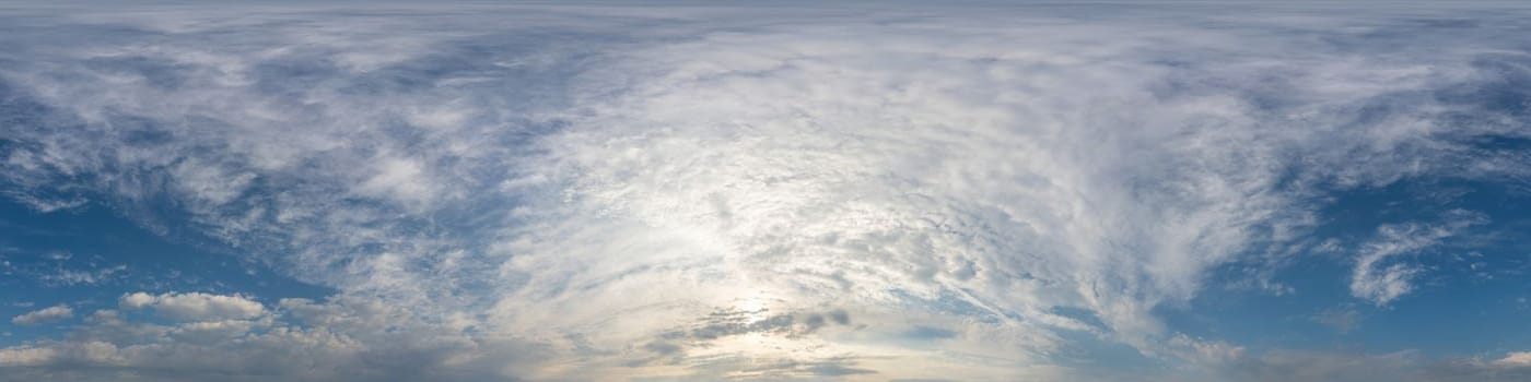 Dark blue sunset sky panorama with pink Cumulus clouds. Seamless hdr 360 pano in spherical equirectangular format. Full zenith for 3D visualization, game, sky replacement for aerial drone panoramas