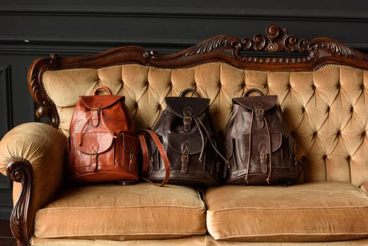 three different colored leather backpacks on a yellow velor vintage sofa Indoor photo