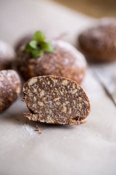 chocolate sweet cakes made from pureed cookies with additives, on baking paper.