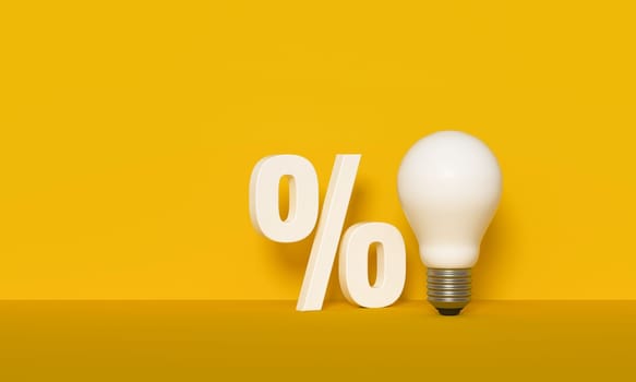 Light bulb with percent symbol isolated on yellow background. 3d illustration.