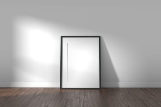 Frame on wooden floor and white wall background with sunlight coming through the window. 3d render.