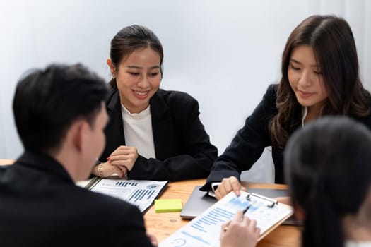 Business team of financial data analysis meeting with business intelligence, report paper and dashboard on laptop for marketing strategy. Business people working together to promote harmony in office.