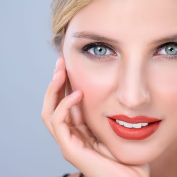 Closeup pretty beautiful woman with alluring perfect smooth and clean skin portrait in isolated background. Hand gesture with expressive facial expression for beauty model concept.