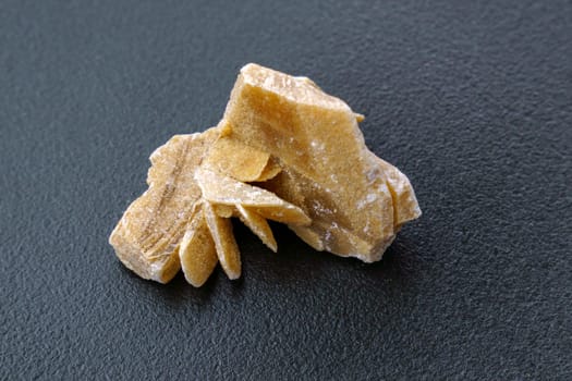Desert Rose. Natural mineral close up of stone cluster from sand gypsum crystal, black background