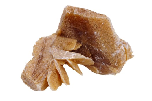 Desert rose. Rock composed of gypsum close up, crystals that resemble the shape of a rose, isolated on white background