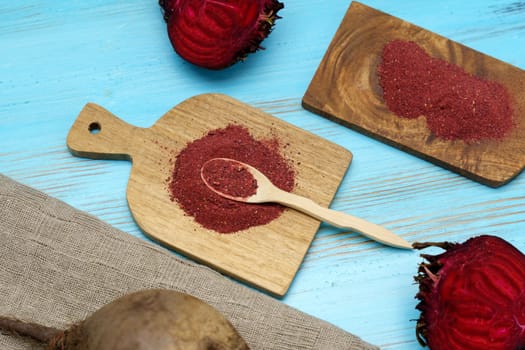 Beetroot flour. The concept of healthy eating dry beer powder. Selective focus