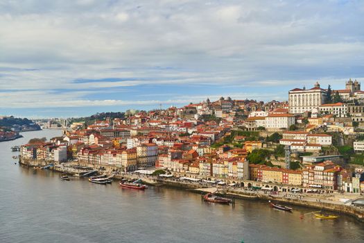 Porto, Portugal - 12.25.2022: Aerial view of the old ribeira area in Porto. High quality photo