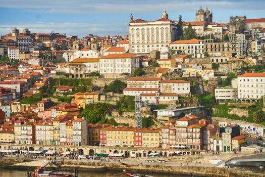 Porto, Portugal - 12.25.2022: Aerial view of the old ribeira area in Porto. High quality photo