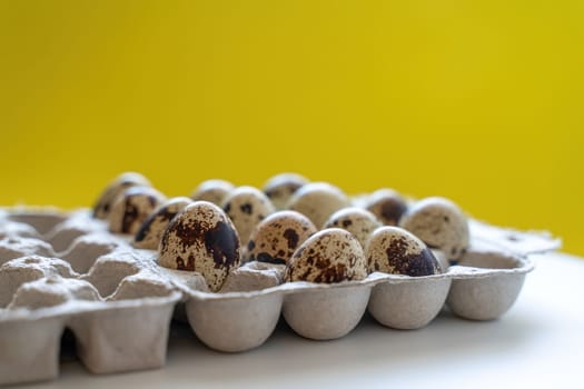 Spotted quail eggs in an egg box on a yellow background, natural eco friendly products