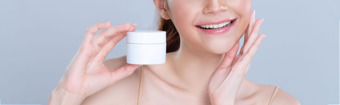 Glamorous beautiful perfect cosmetic skin with soft makeup woman portrait hold mockup jar cream or moisturizer for skincare treatment and anti-aging product advertisement in isolated background.