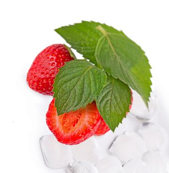 Ice cube and strawberry isolated on a white background