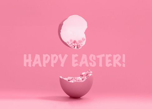 Broken decorative easter egg with colorful confetti. Minimal composition, monochromatic color pastel pink background. Sign happy easter