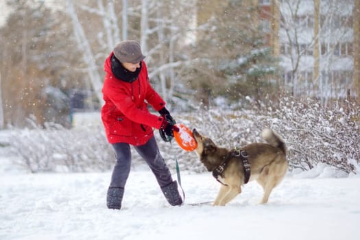 Girl with a young dog on a winter walk. Pet training. Selective focus