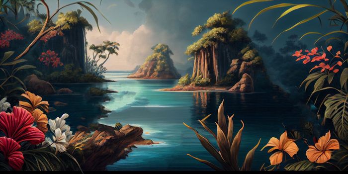 Tropical summer paradise scene landscape with river, ocean, sea, leaves and plants. flowers and birds. Generative AI.