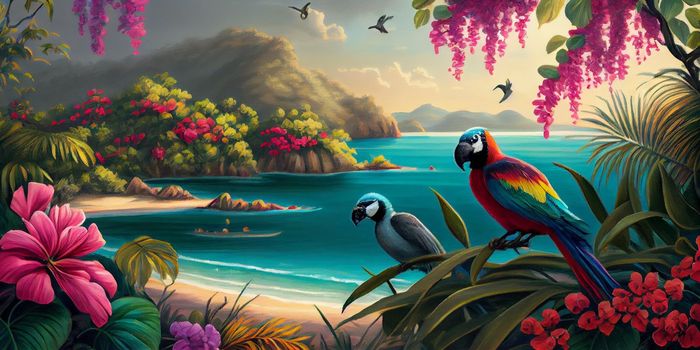 Tropical summer paradise scene landscape with river, ocean, sea, leaves and plants. flowers and birds. Generative AI.