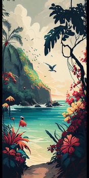 Tropical summer paradise scene landscape with river, ocean, sea, leaves and plants. flowers and birds. Generative AI.