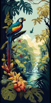 Tropical summer paradise scene landscape with river, ocean, sea, leaves and plants. flowers and birds. Generative AI.