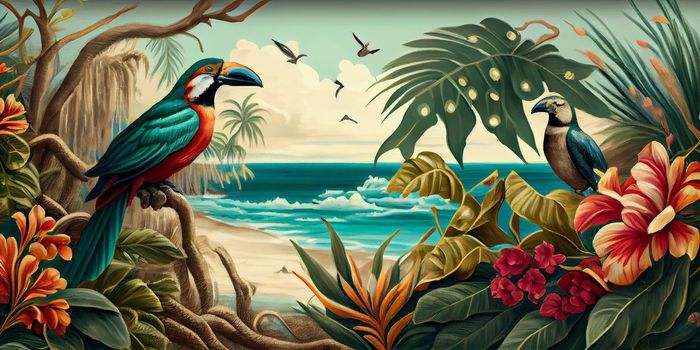 Tropical summer paradise scene landscape with river, ocean, sea, leaves and plants. flowers and birds. Generative AI.